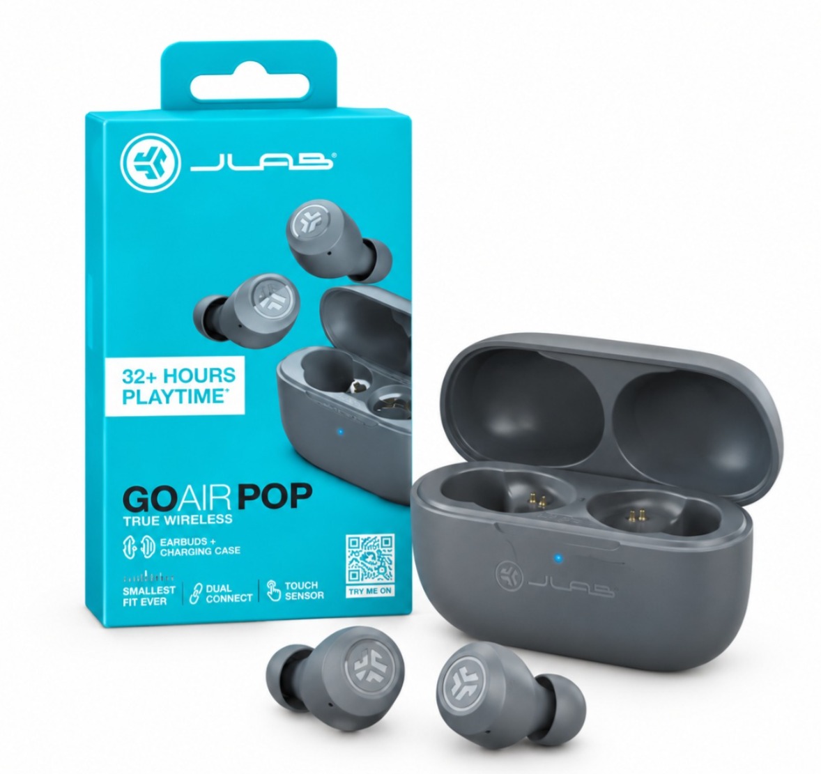 JLab GO Air POP TWS Earbuds Gray with 32 Plus Hours Playback