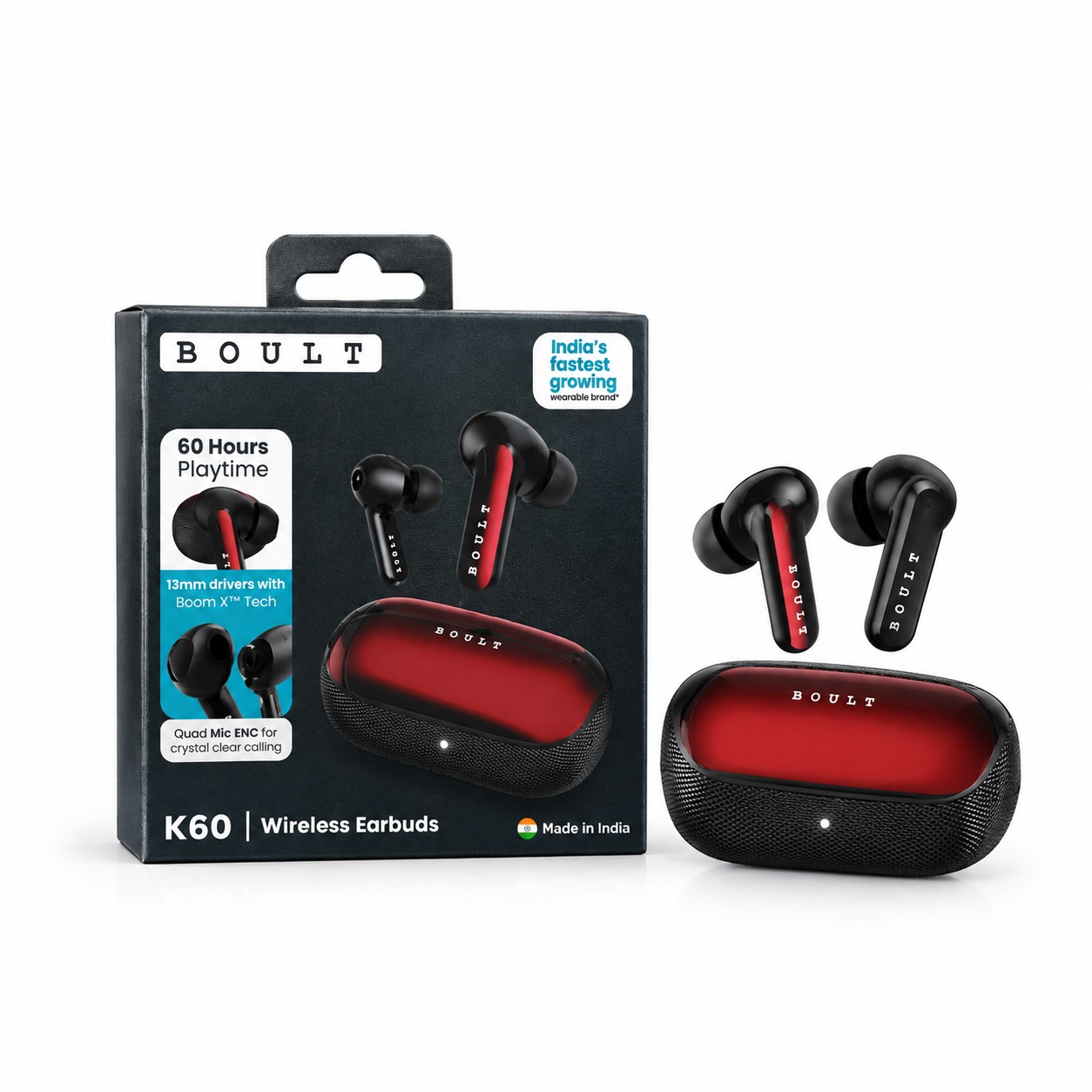 Boult K60 TWS Wireless Earbuds Black and Red with 60 Hours Playback
