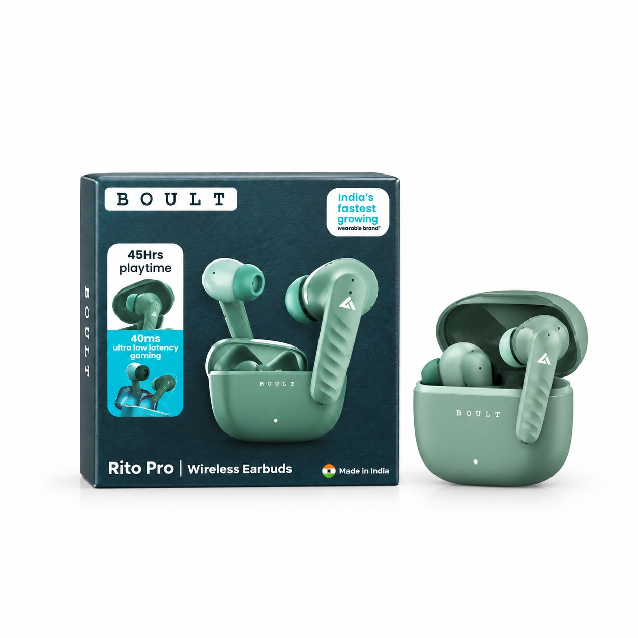 BOULT Rito Pro TWS Wireless Earbuds Mint Green with Charging Case