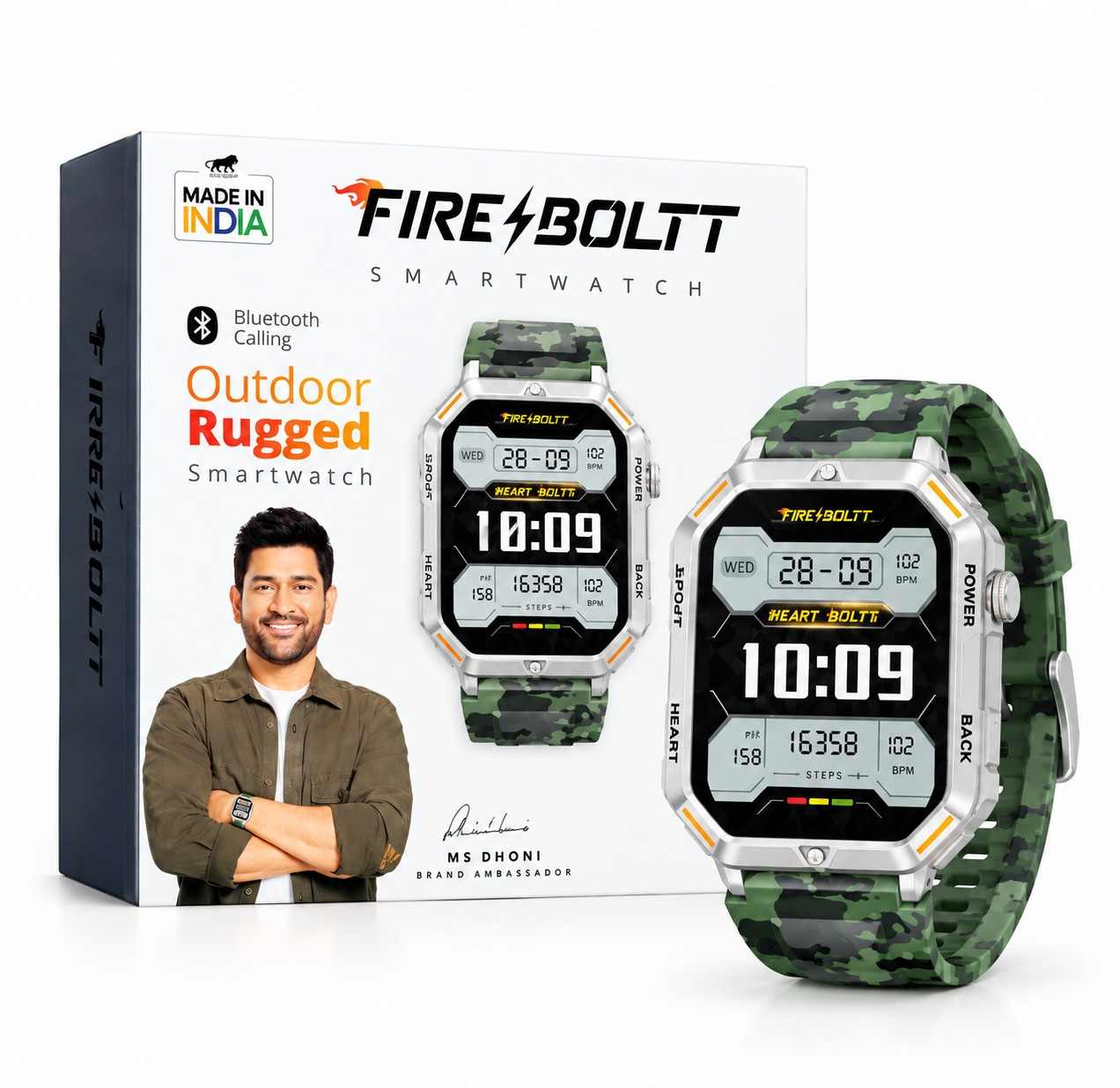 Fire-Boltt Commando AMOLED Smartwatch Camouflage Green with Bluetooth Calling