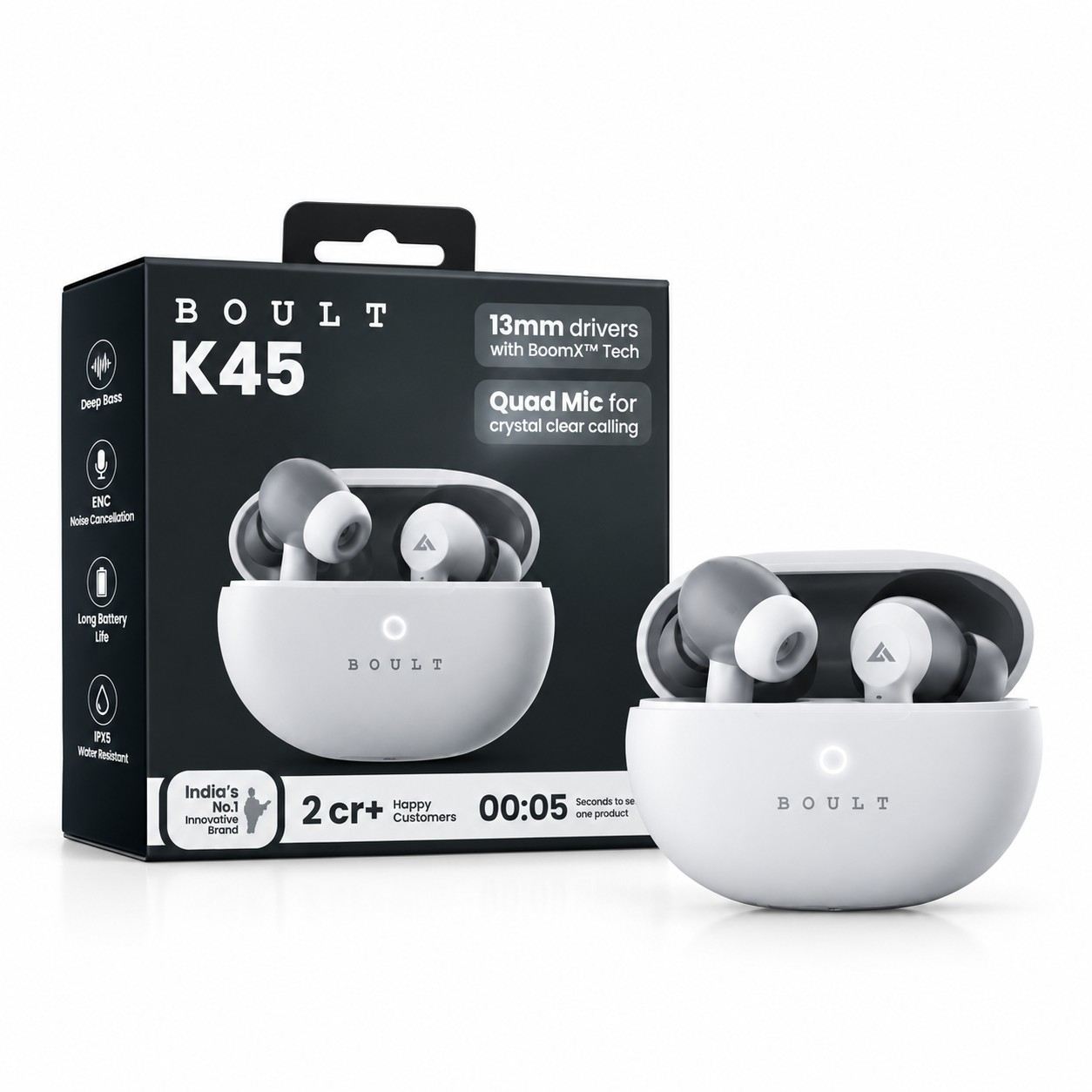 Boult K45 TWS Wireless Earbuds Light Grey with 50 Hours Playback