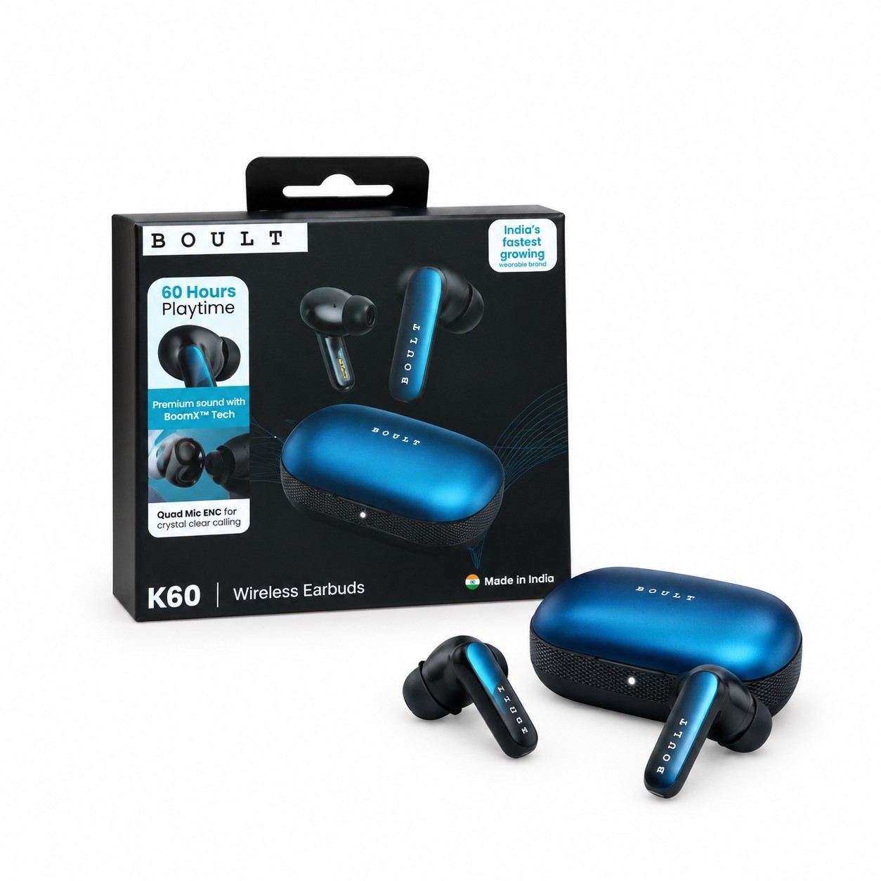Boult K60 TWS Wireless Earbuds Blue and Black with 60 Hours Playback