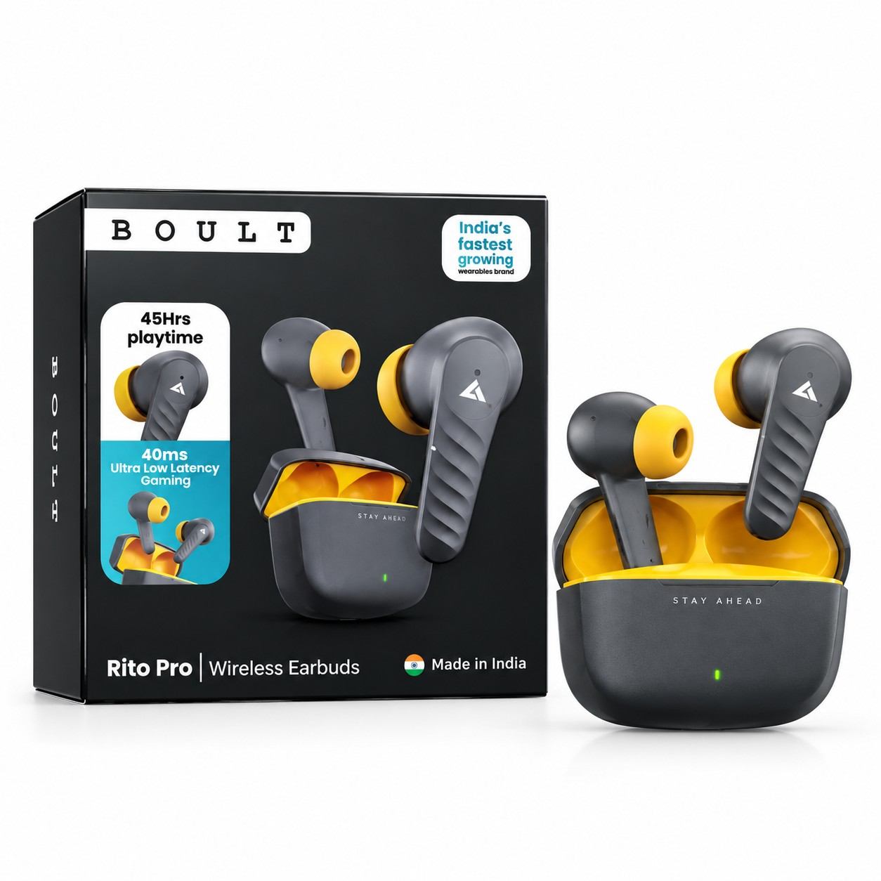 Boult Rito Pro TWS Earbuds Dark Grey and Yellow with 45 Hours Playback
