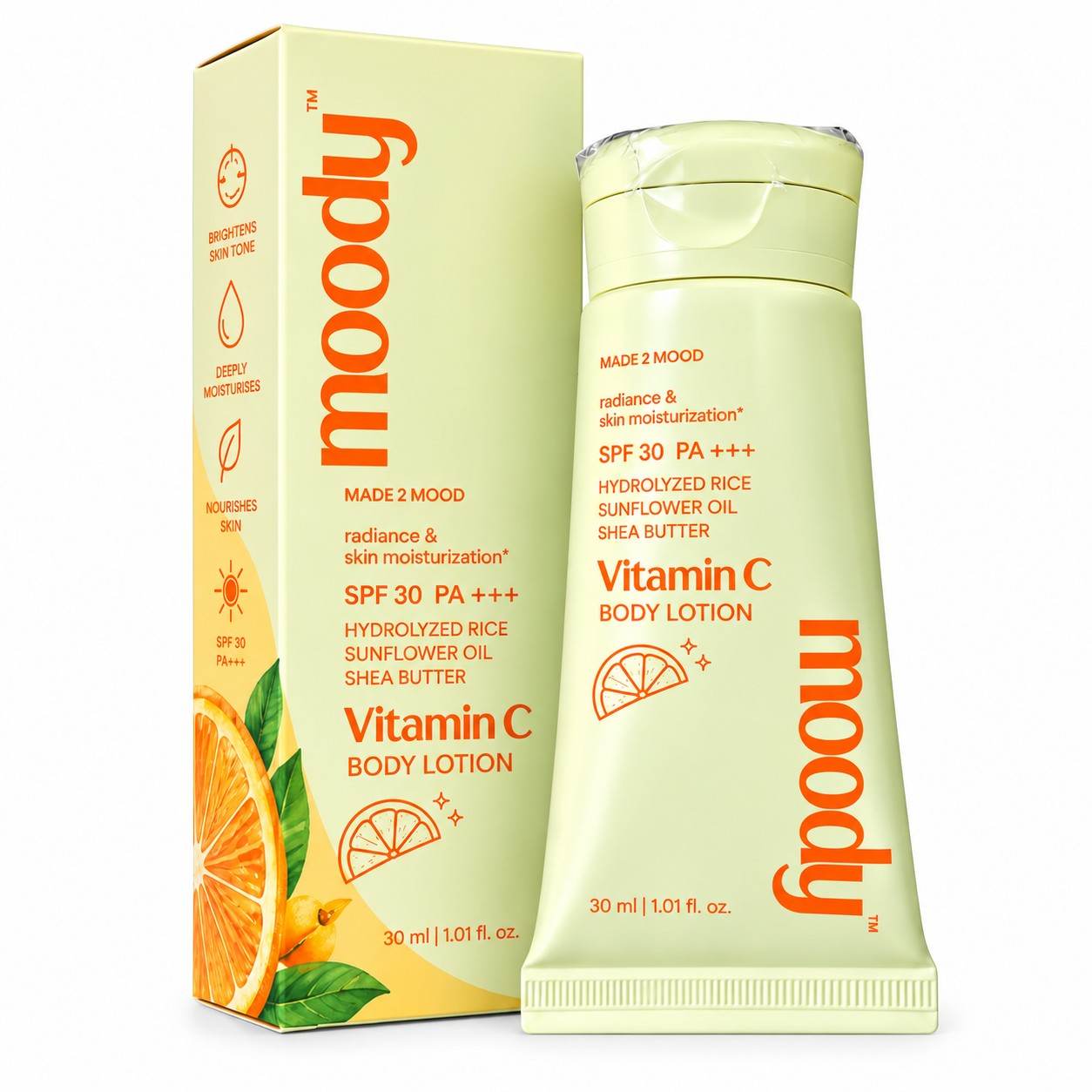 Moody Vitamin C Body Lotion with SPF 30 PA+++ Hydrolyzed Rice, Sunflower Oil and Shea Butter