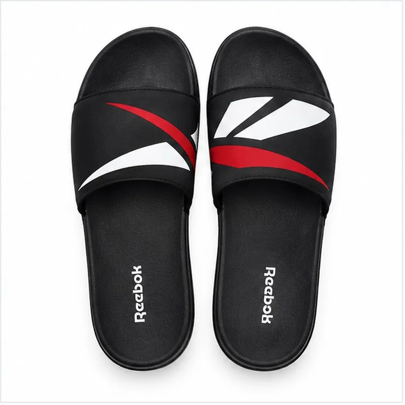 Reebok Classic Slide Slippers Black with Red and White Graphic Strap UK 8