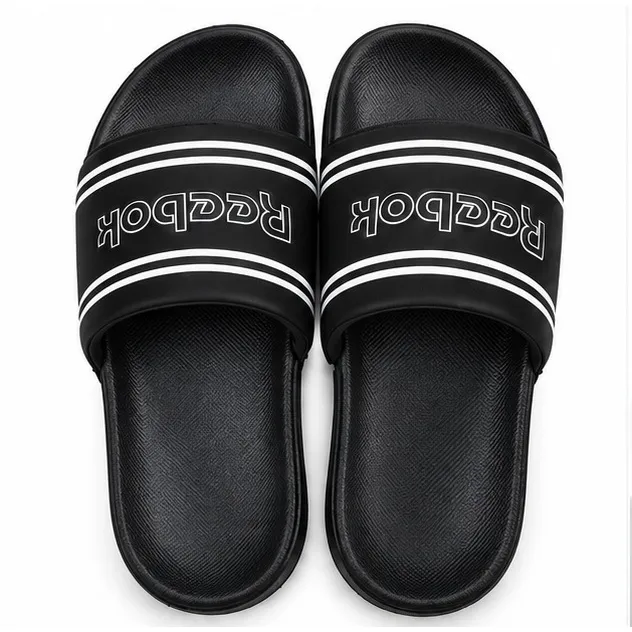 Reebok Velora Slide Men’s Black Charcoal Slippers with Striped Strap