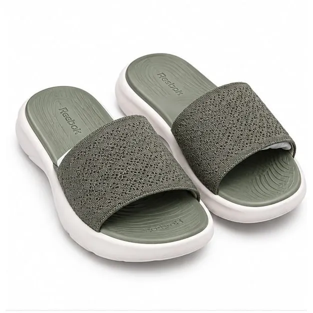Reebok olive-grey textured strap slip-on sandals with contoured footbed and white outer sole