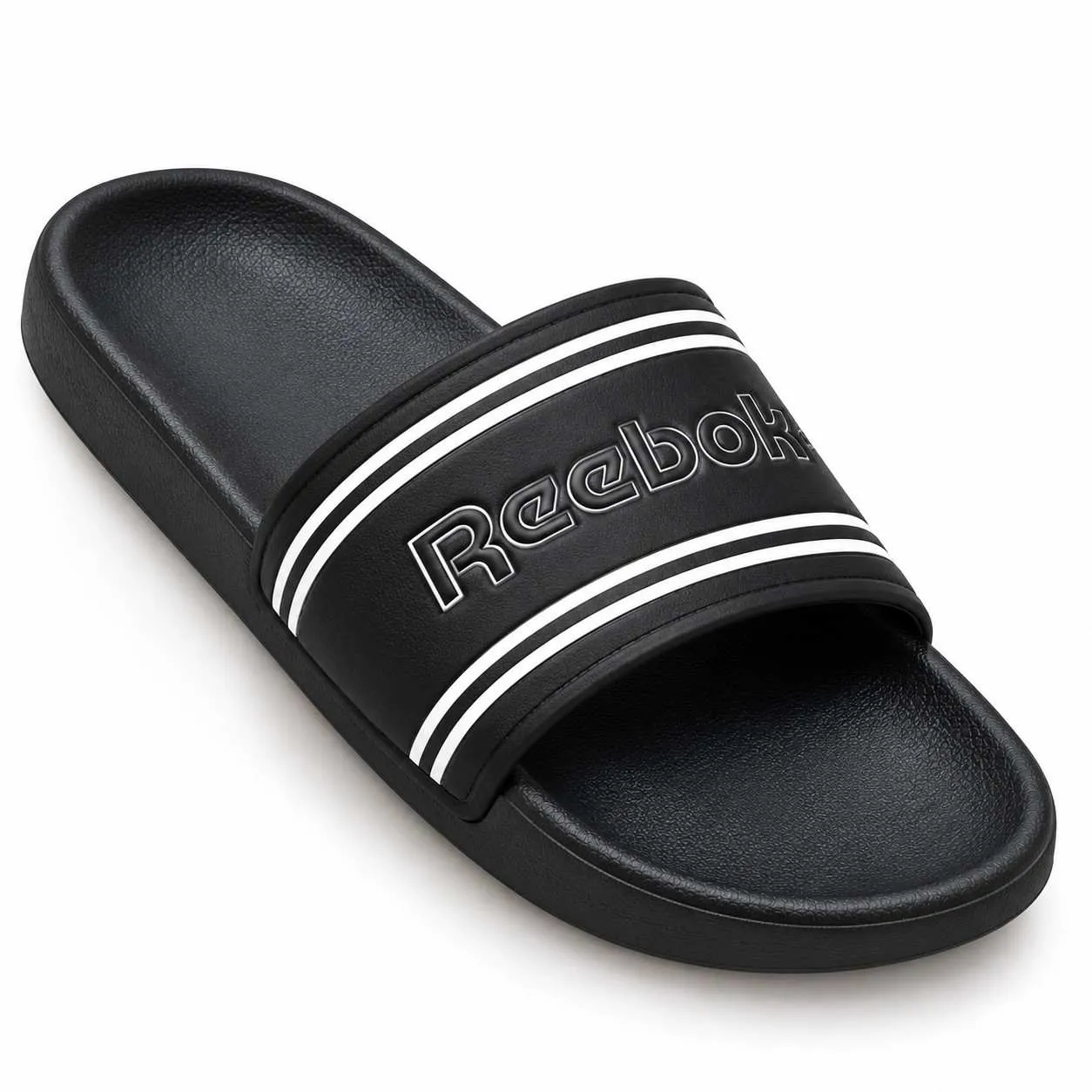 Reebok black slide sandals with white logo and double stripe detailing, open-toe slip-on design