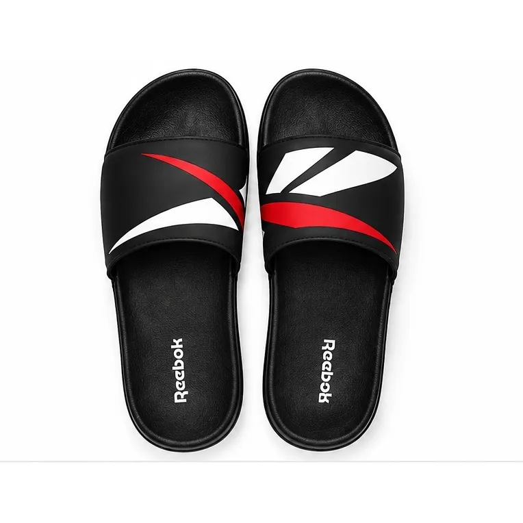 Reebok black slide sandals with red and white graphic strap and open-toe slip-on design