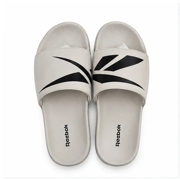 Reebok Ash and Black Slide Slippers UK 10 with Open-Toe Slip-On Design and Black Graphic Strap