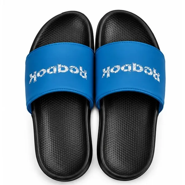 Reebok Blue and Black Slide Slippers with Silver Logo Strap for Men