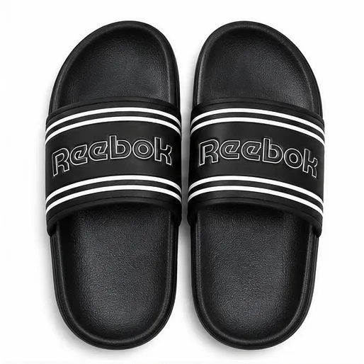 Reebok black slide sandals with white logo and double stripe detailing, open-toe slip-on design