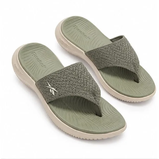 Reebok olive-grey textured strap slip-on sandals with contoured footbed and white outer sole