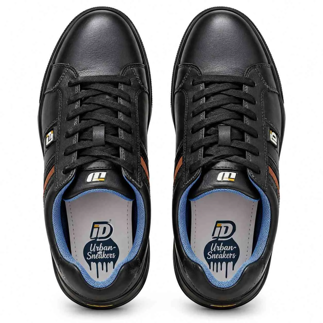 iD Men's Black Lace-Up Casual Sneakers with Brown Side Accents and Blue Collar Lining