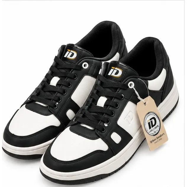 iD men’s black and white lace-up casual sneakers with rounded toe and contrasting colour-block panels