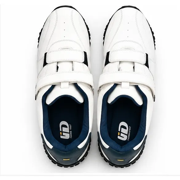 ID men's white and navy casual shoes with double hook-and-loop straps and grey heel detailing