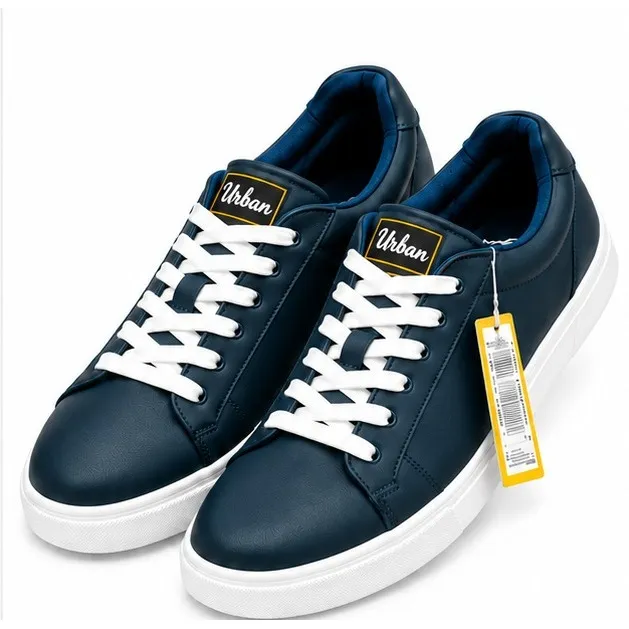 Navy blue men's lace-up casual sneakers with white laces and contrasting white outsole