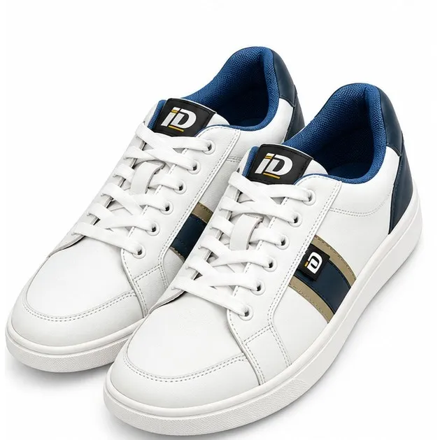 iD men’s white and blue colour-block lace-up sneakers with dark side accents and rounded toe
