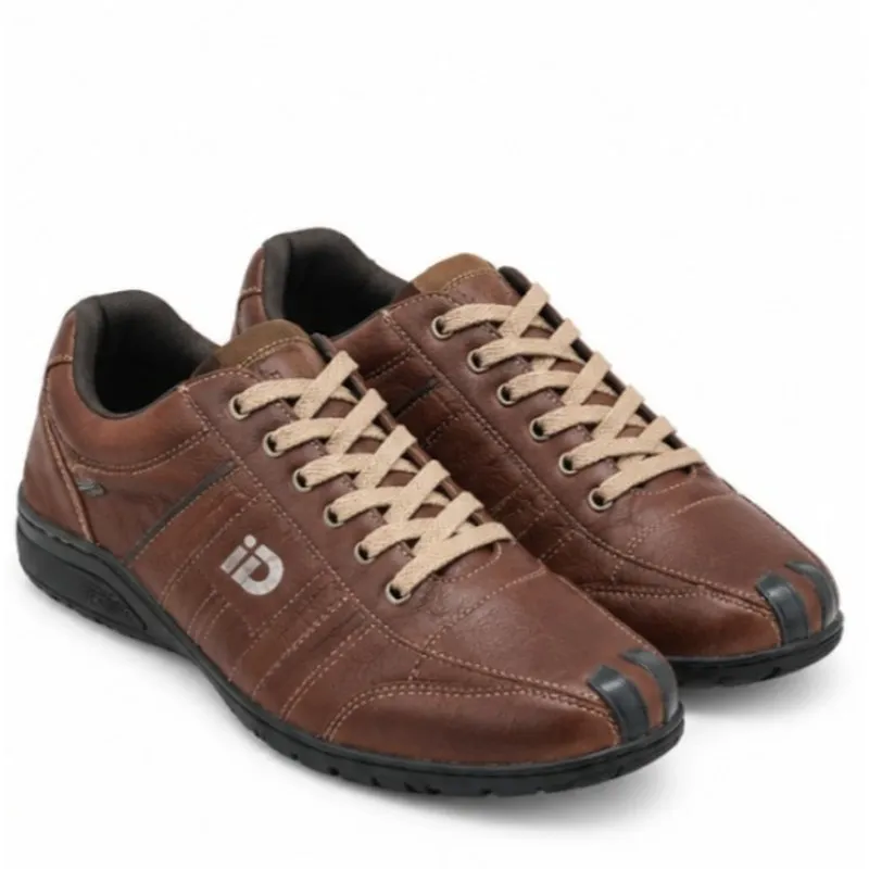 ID Men Brown Leather Lace-Up Sneakers with Cushioned Footbed and Contrast Stitching