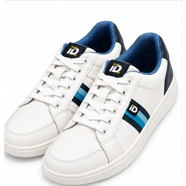 iD men’s white and blue lace-up casual sneakers with contrasting dark panels and sporty side stripes Remaining 5 Image Alt Texts 1.
