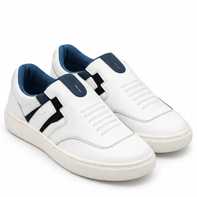 ID Men's White and Navy Blue Slip-On Casual Shoes UK 9 with Contrast Stitching