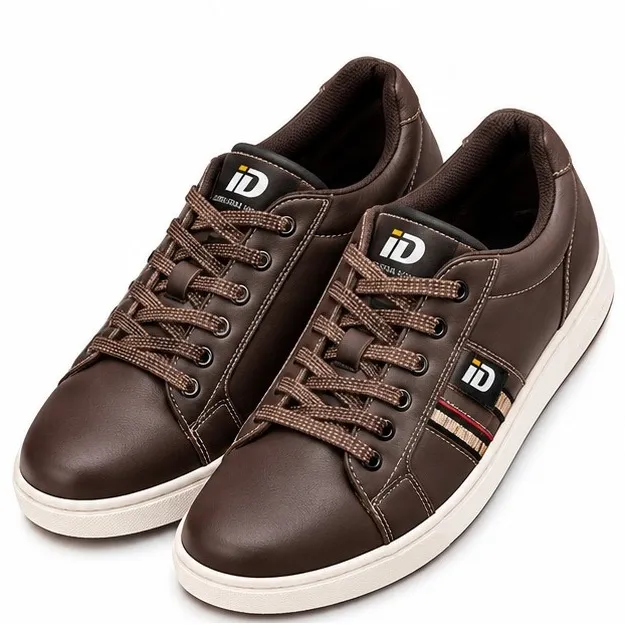 iD men’s dark brown lace-up casual shoes with patterned laces, rounded toe and contrast stitching