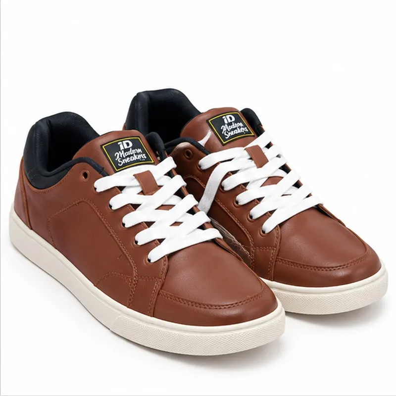 ID Men’s Brown Tan Low-Top Lace-Up Casual Sneakers with White Laces and Contrasting Sole