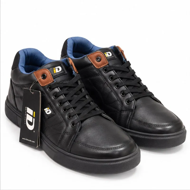 ID Men's Black High-Top Lace-Up Sneakers with Blue Lining and Brown Accent Panels – UK 8