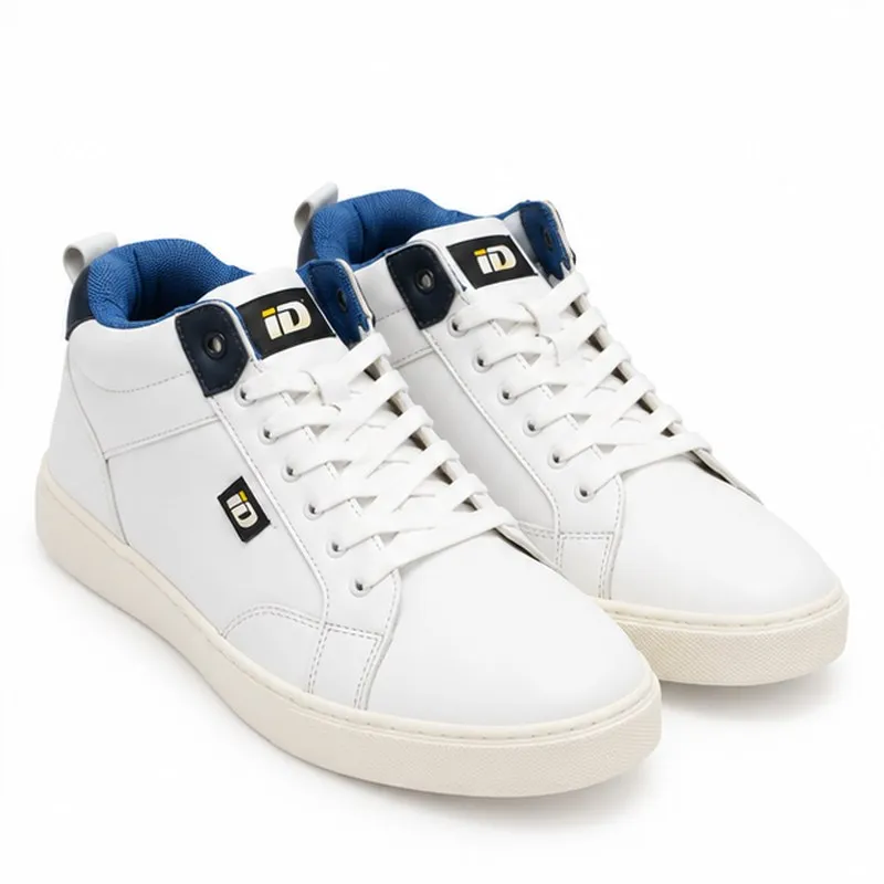 iD Men’s White Solid Mid-Top Sneaker-Style Boots UK 8 with Blue Lining and Lace-Up Design