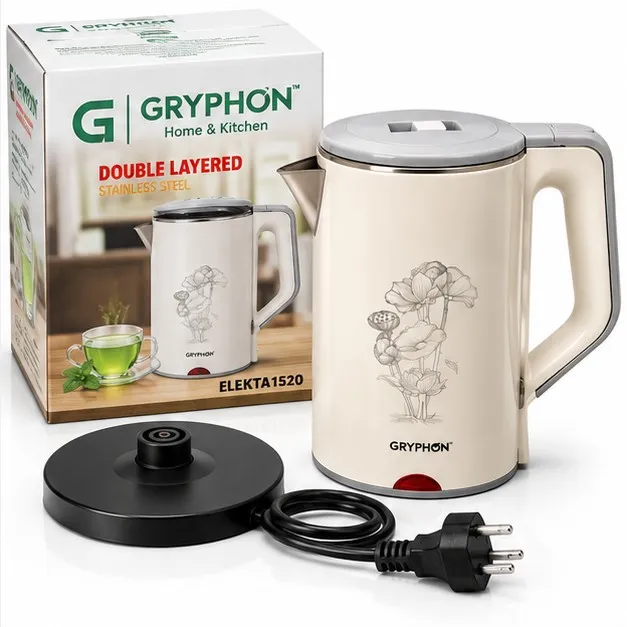 GRYPHON ELEKTA1520 ivory white double layered stainless steel electric kettle with floral design