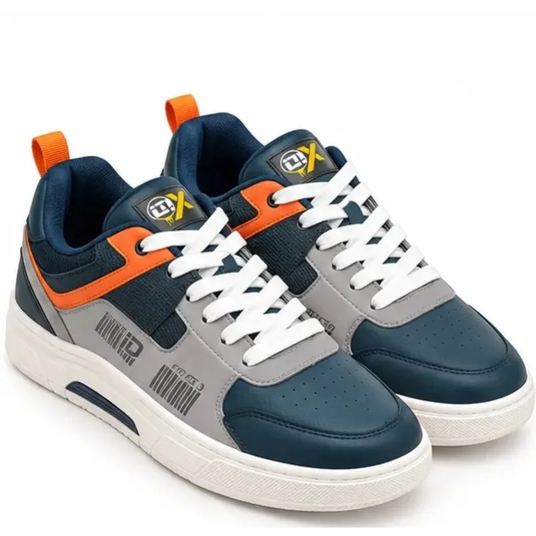 iD Men Colourblocked Lightweight Sneakers in Navy Blue, Grey, Orange and White with Lace-Up Design