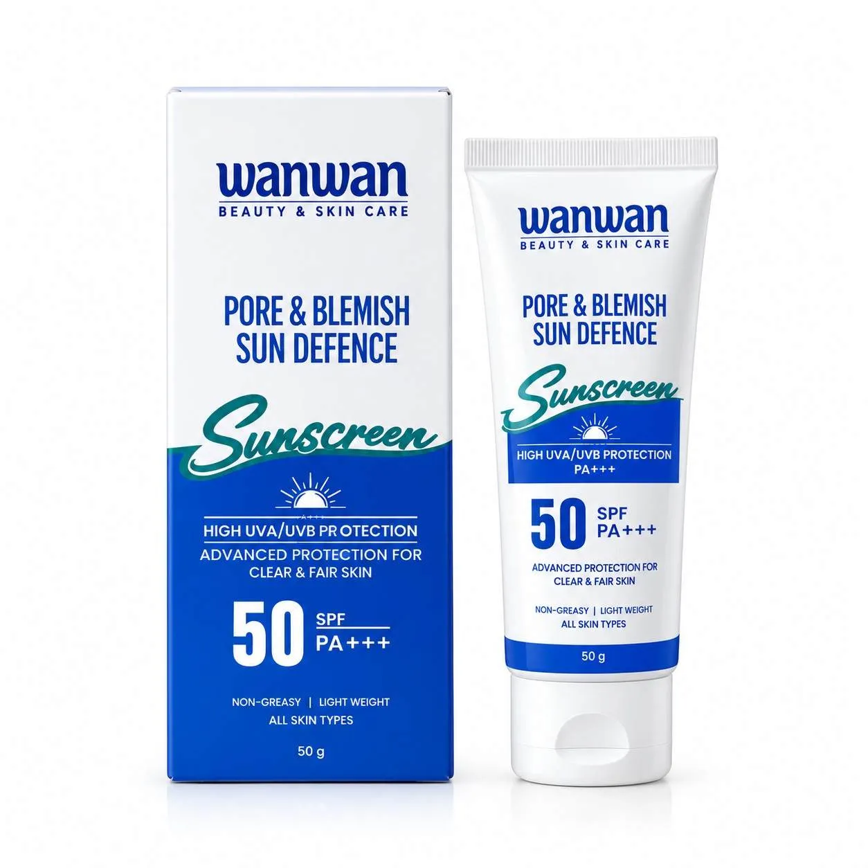 WANWAN Pore & Blemish Sun Defence Sunscreen SPF 50 PA+++ 50 g in white and blue packaging with UVA/UVB protection.