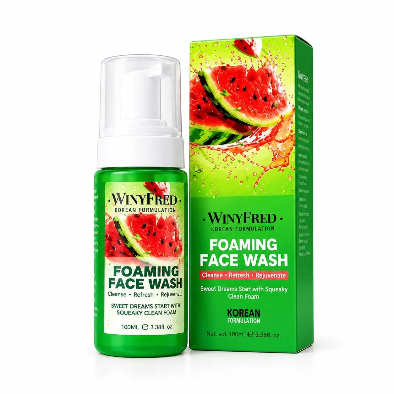WINYFRED Watermelon and Glycolic Acid Foaming Face Wash 100ml in green packaging for facial cleansing.