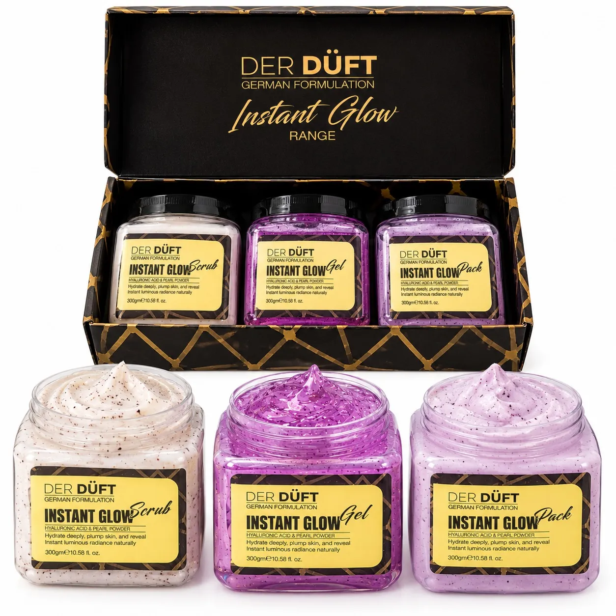 DER DUFT Instant Glow Gel, Pack & Scrub – Hyaluronic Acid & Pearl Powder Skin Care Range
