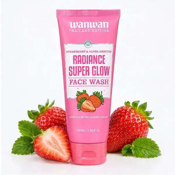 Wanwan Radiance Super Glow Face Wash 100 ml in pink tube, Strawberry and Alpha Arbutin Thailand Edition facial cleanser