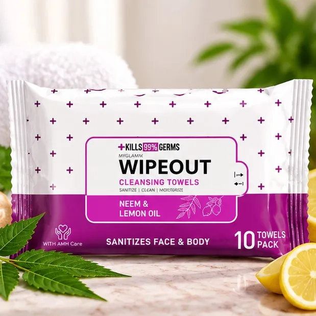 MYGLAMM WIPEOUT Cleansing Towels with Neem & Lemon Oil – 10 Towels Pack